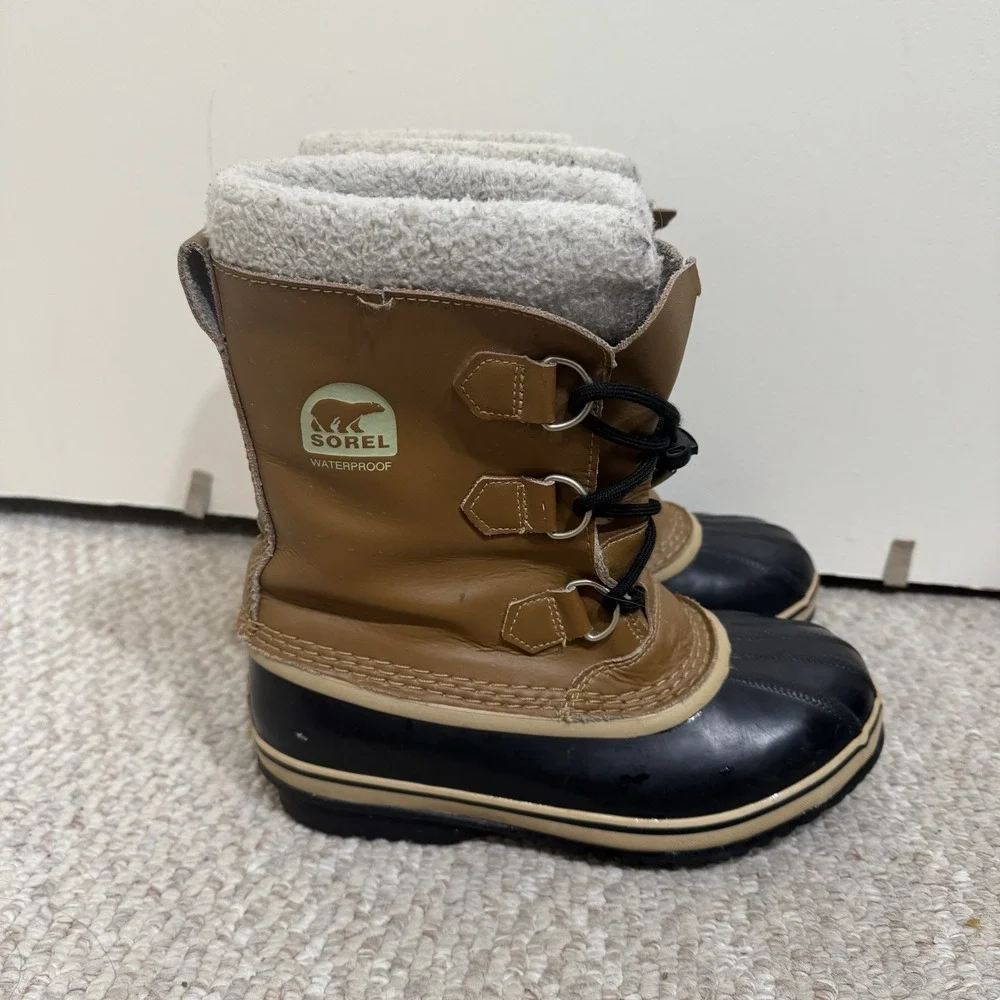 Sorel Caribou Brown Black Leather Lace Up Mid Calf Snow Boots Women's Size US 5